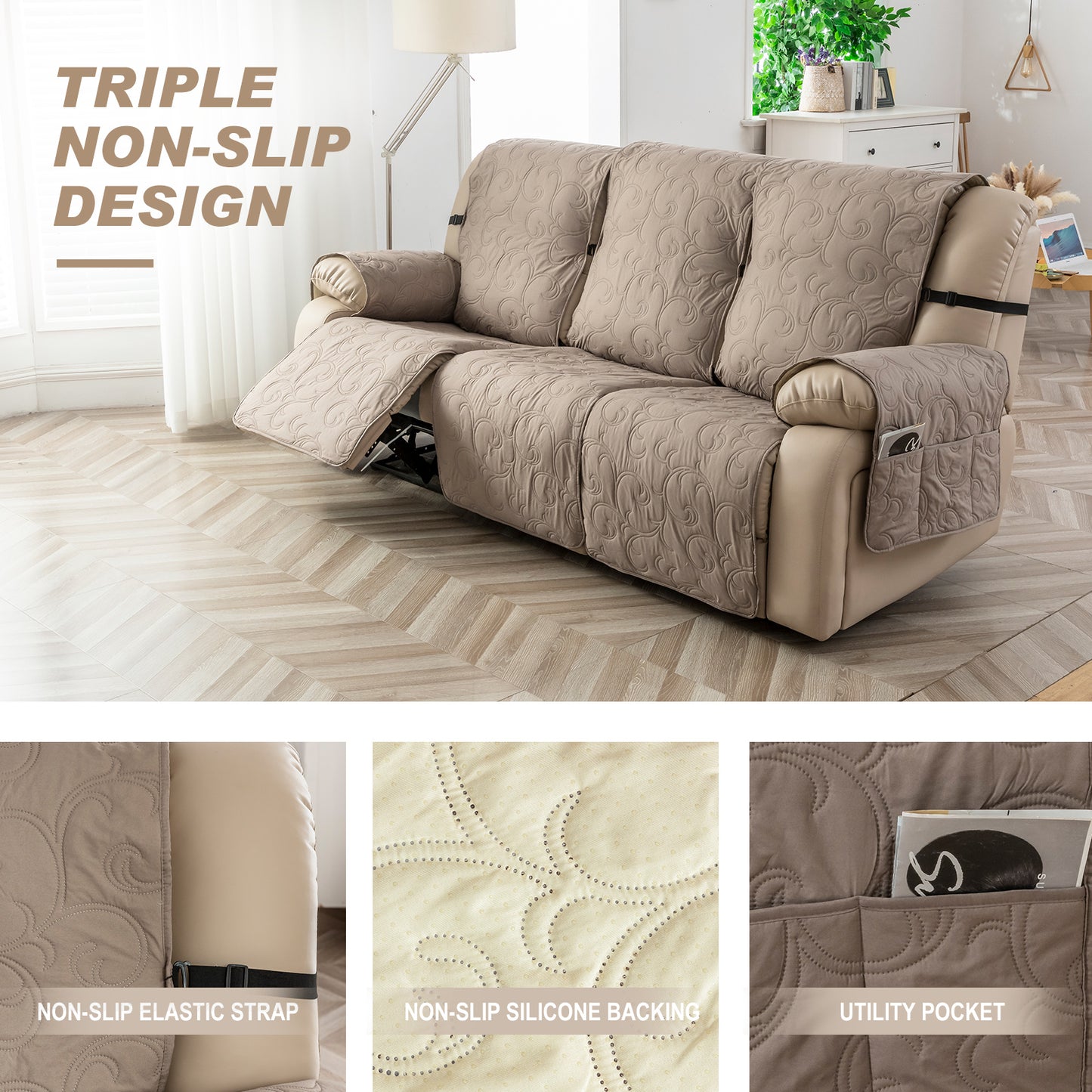 Waterproof Recliner Sofa Covers 3 Seater, Non-Slip Reclining Couch Covers for 3 Seat, Reclining Sofa Covers for Living Room, for Pets Kids Protector, Washable (Taupe)