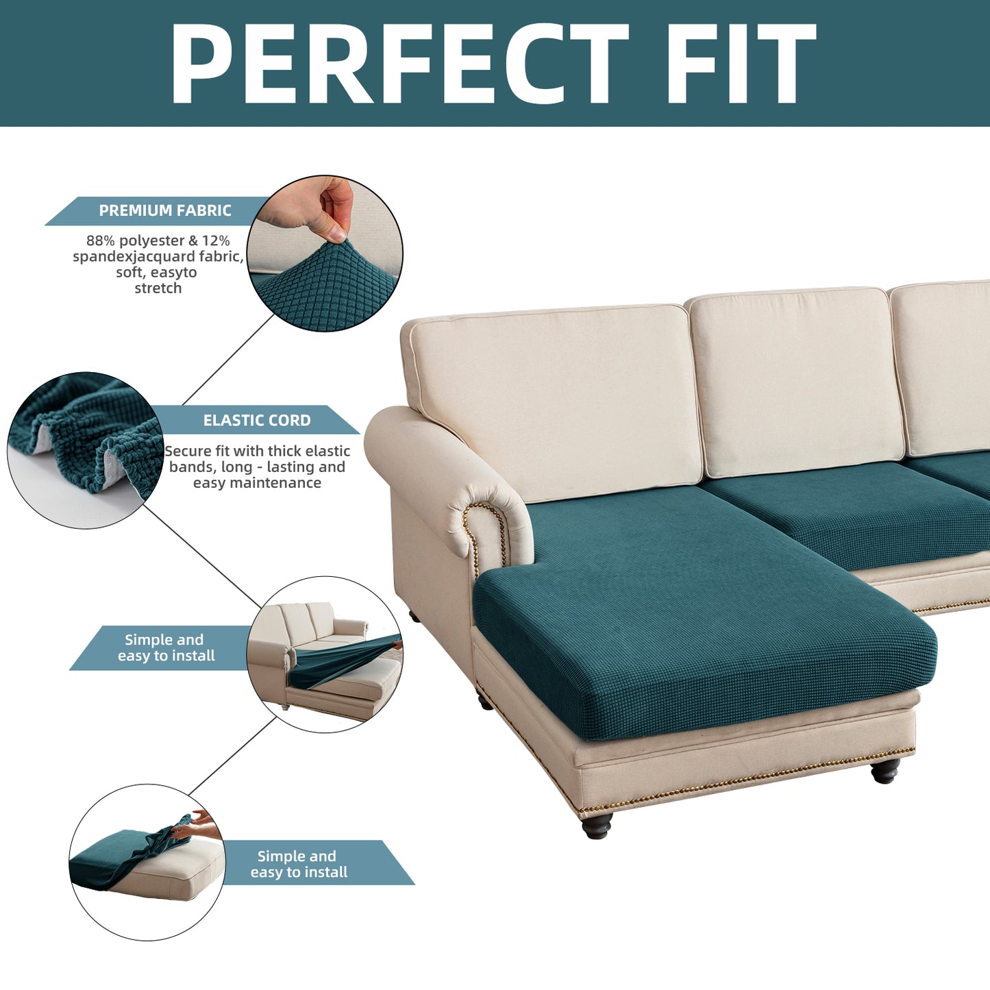 Sectional Couch Covers 3 Pieces Sofa Seat Cushion Covers L Shape Separate Cushion Couch Chaise Cover for Both Left/Right Sectional Couch (Large Sofa 2 Seater + 1 Chaise, Dark Teal)