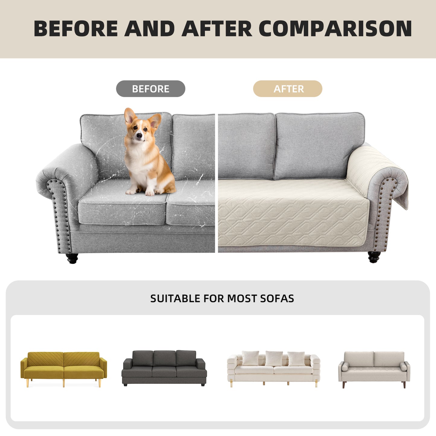 Recliner Sofa Cover Backless  for 1/2/3 Seater with Pocket, Slipcovers Reversible Washable Elastic Adjustable Strap for home,Ivory