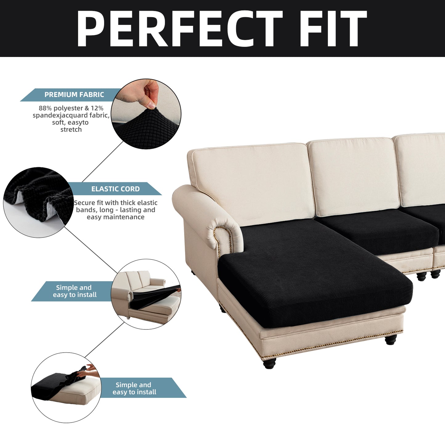 Sectional Couch Covers 4 Pieces Sofa Seat Cushion Covers L Shape Separate Cushion Couch Chaise Cover for Both Left/Right Sectional Couch (Large Sofa 3 Seater + 1 Chaise, Black)