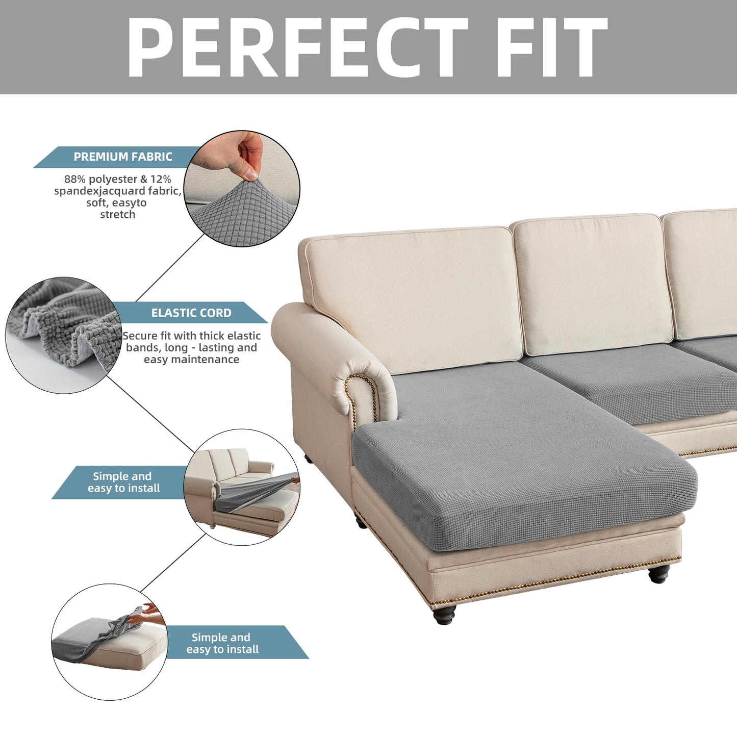 Sectional Couch Covers 3 Pieces Sofa Seat Cushion Covers L Shape Separate Cushion Couch Chaise Cover for Both Left/Right Sectional Couch (Large Sofa 2 Seater + 1 Chaise, Dove Grey)