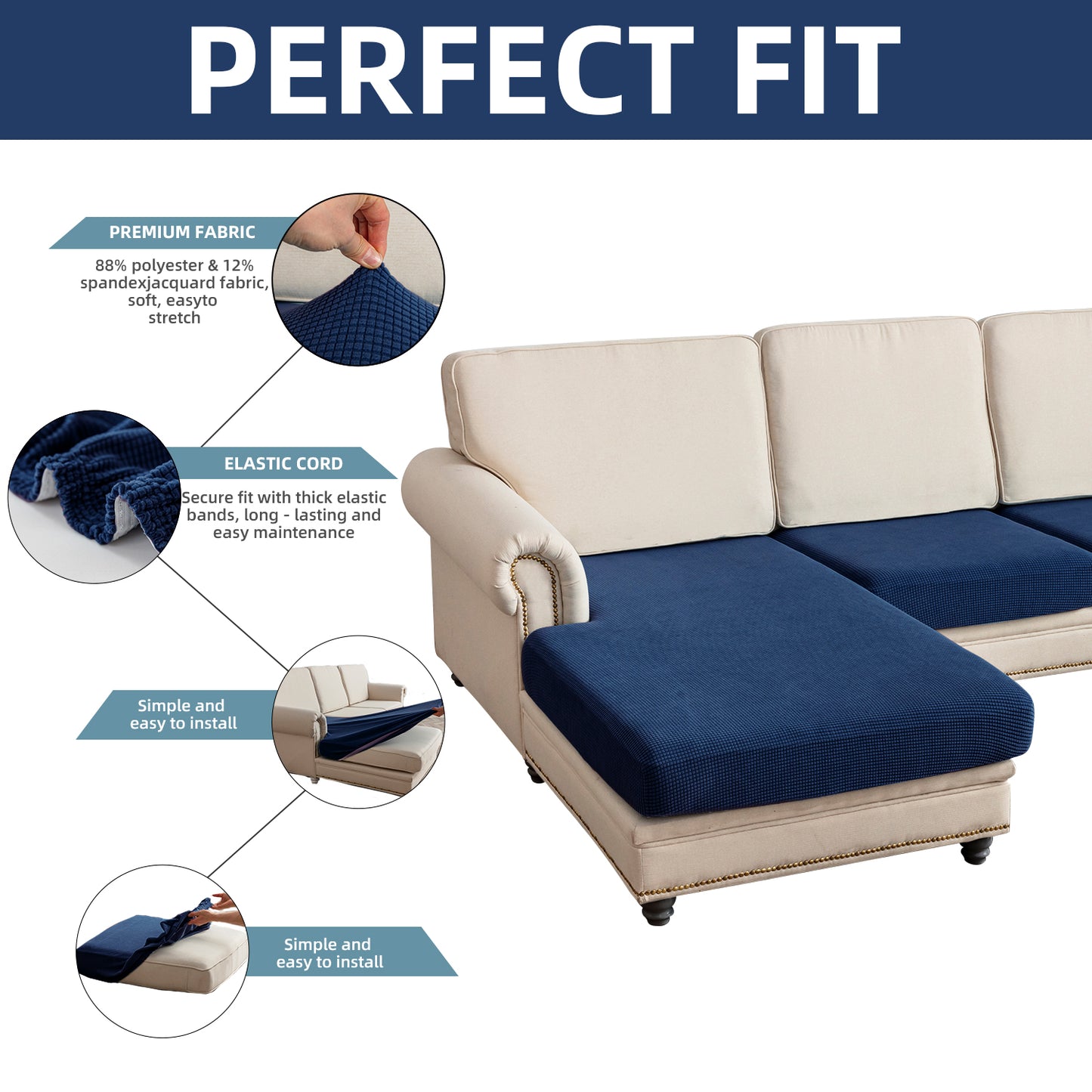 Sectional Couch Covers 3 Pieces Sofa Seat Cushion Covers L Shape Separate Cushion Couch Chaise Cover for Both Left/Right Sectional Couch (Large Sofa 2 Seater + 1 Chaise, Navy)