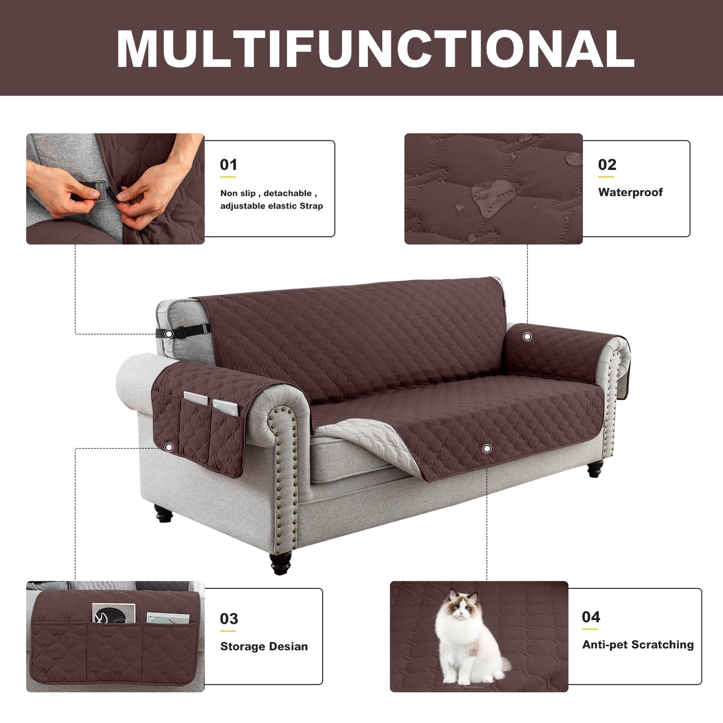 Sofa Slipcover Waterproof Couch Cover Non-Slip Sofa Cover for 1/2/3 Cushion Couch Seamless Whole Piece Fabric Furniture Protector for Pets Kids Children Dog Cat, Brown