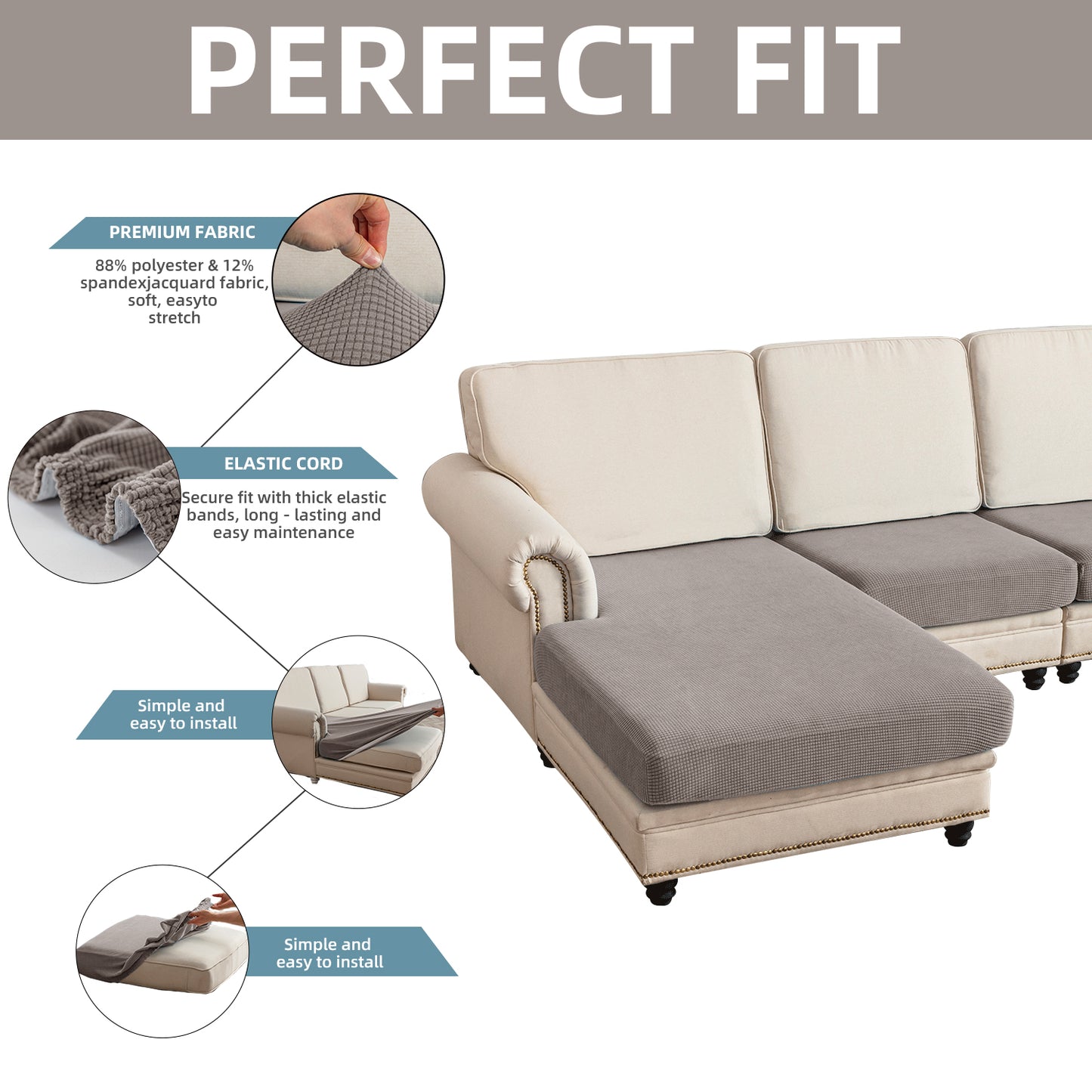 Sectional Couch Covers 4 Pieces Sofa Seat Cushion Covers L Shape Separate Cushion Couch Chaise Cover for Both Left/Right Sectional Couch (Large Sofa 3 Seater + 1 Chaise, Taupe)