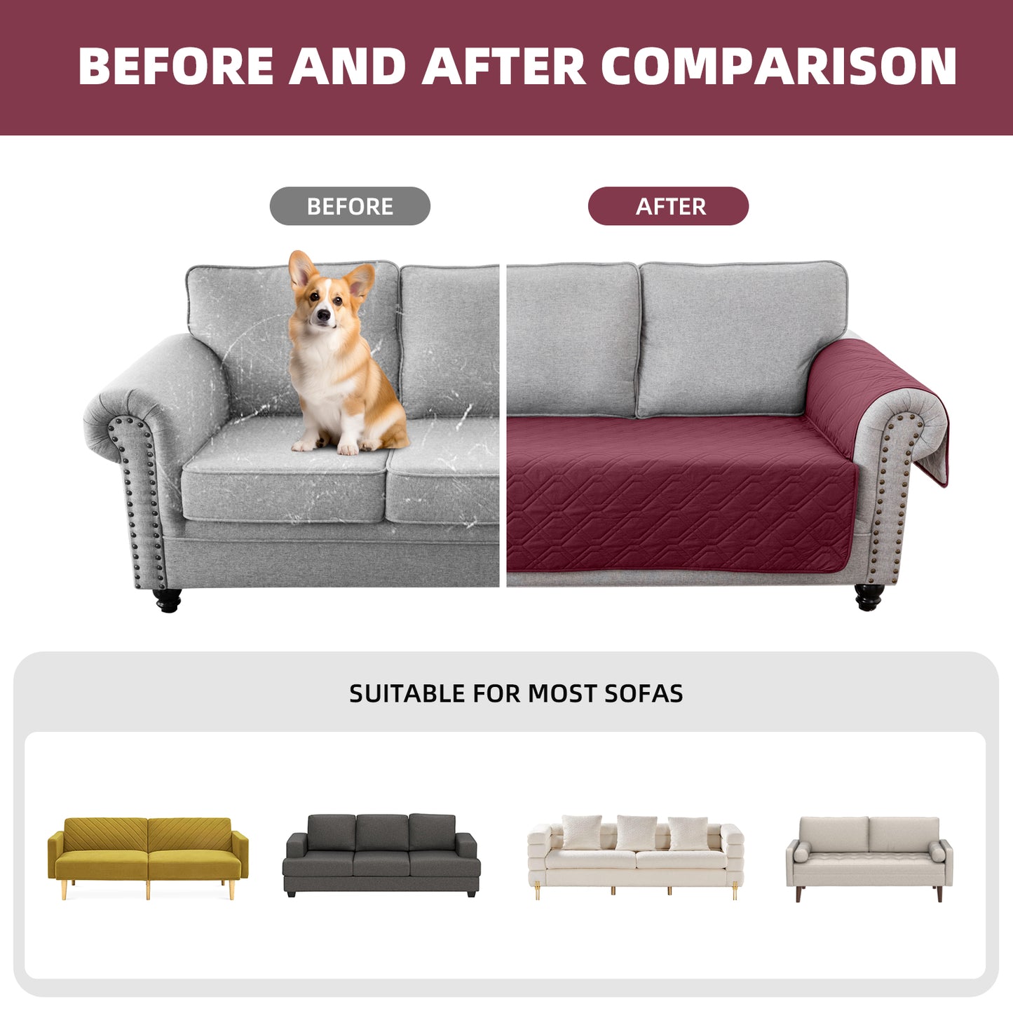 Recliner Sofa Cover Backless  for 1/2/3 Seater with Pocket, Slipcovers Reversible Washable Elastic Adjustable Strap for home,Red