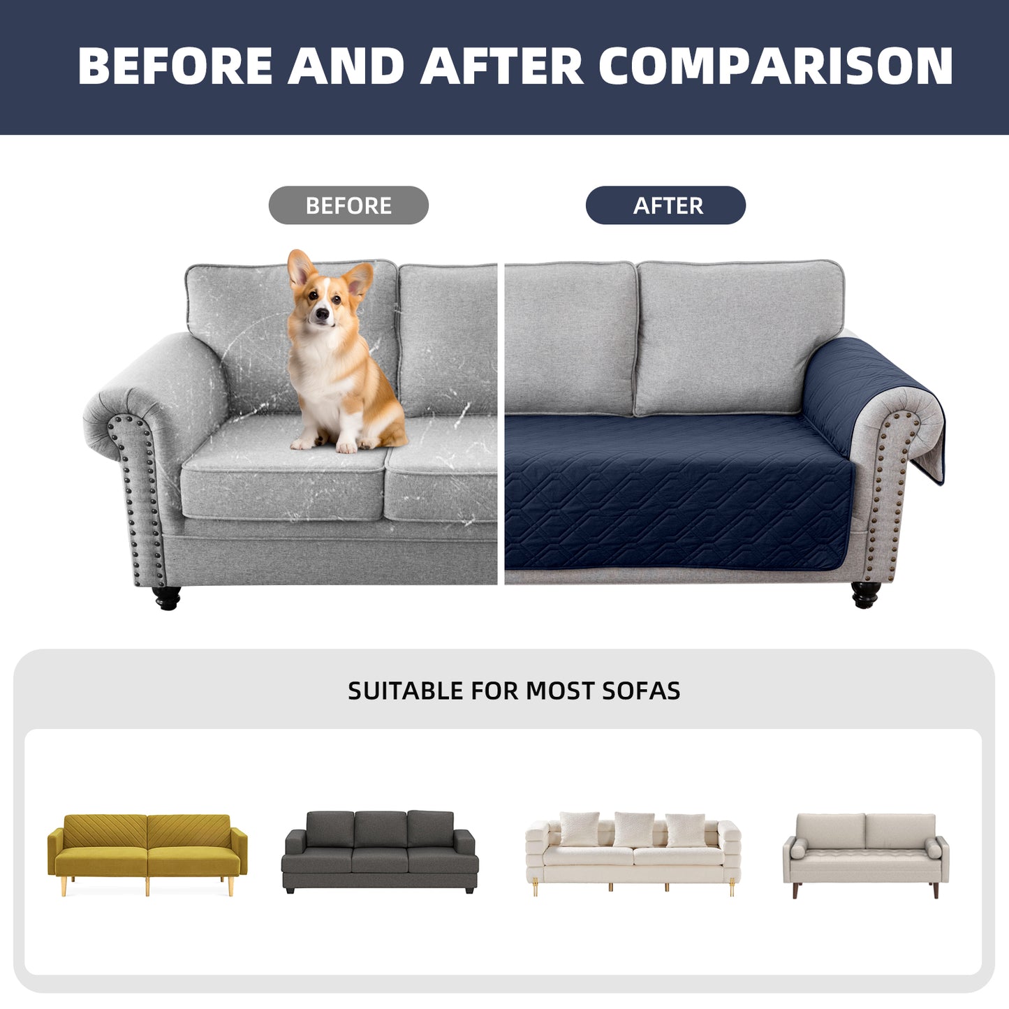 Recliner Sofa Cover Backless  for 1/2/3 Seater with Pocket, Slipcovers Reversible Washable Elastic Adjustable Strap for home,Navy