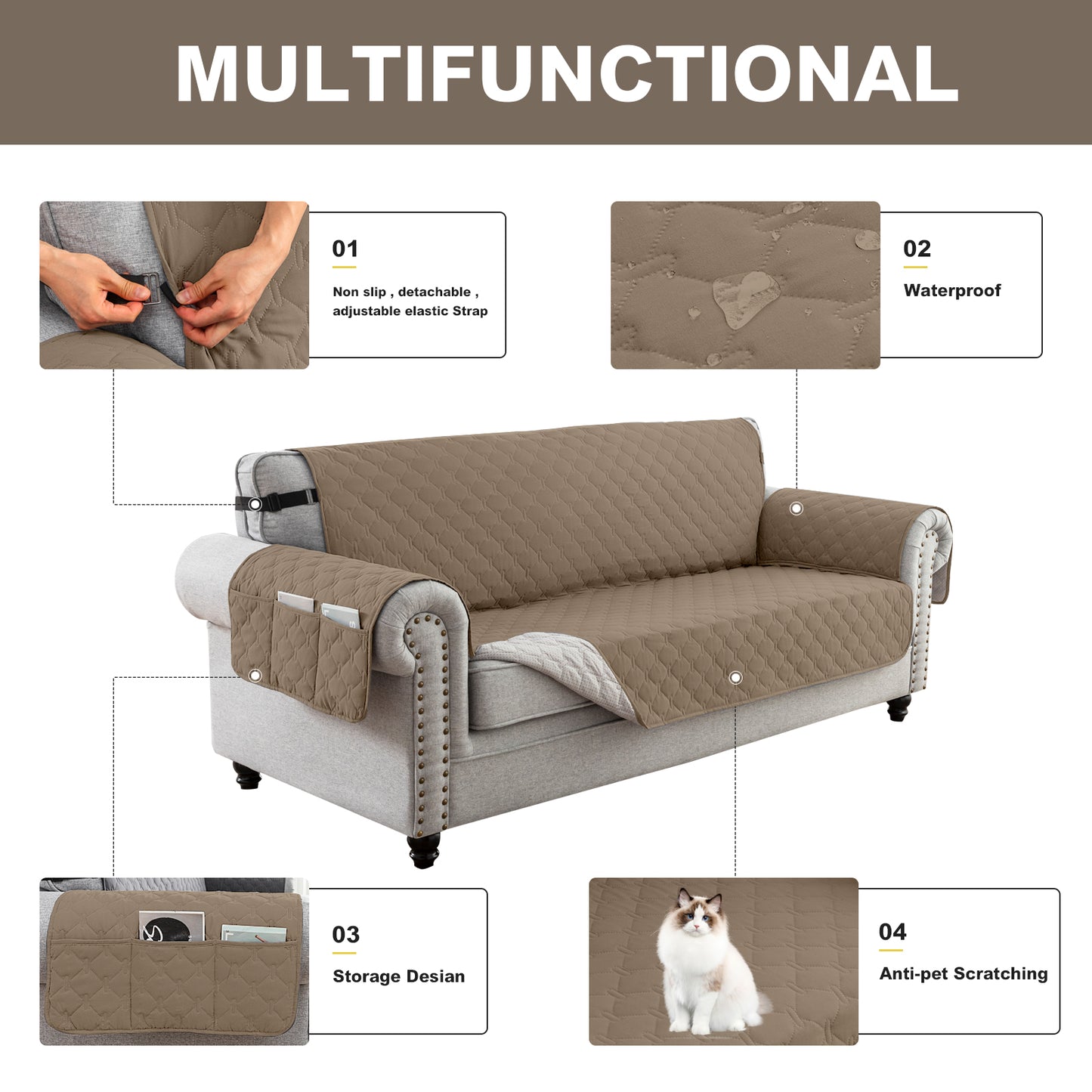 Sofa Slipcover Waterproof Couch Cover Non-Slip Sofa Cover for 1/2/3 Cushion Couch Seamless Whole Piece Fabric Furniture Protector for Pets Kids Children Dog Cat, Taupe