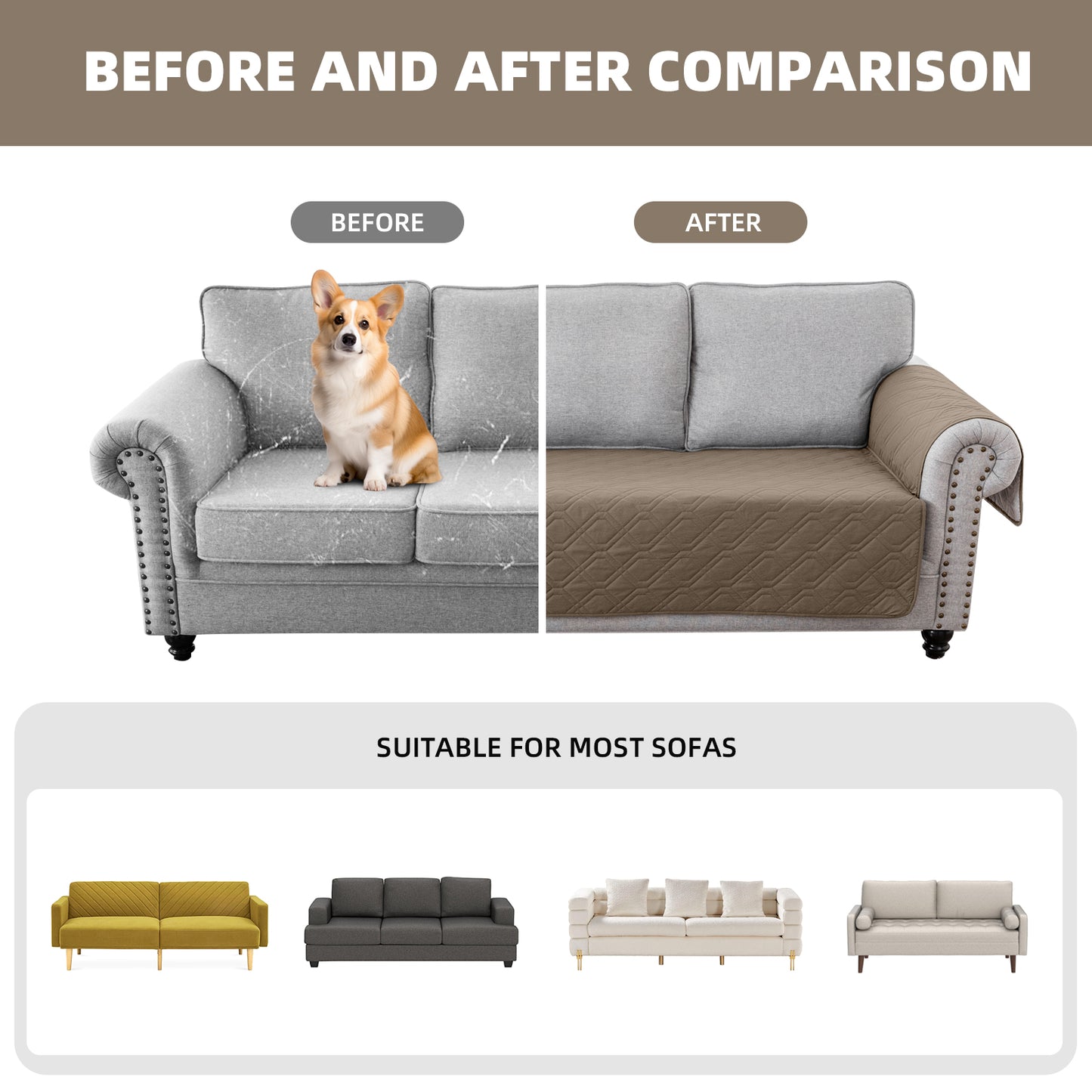 Recliner Sofa Cover Backless  for 1/2/3 Seater with Pocket, Slipcovers Reversible Washable Elastic Adjustable Strap for home,Taupe