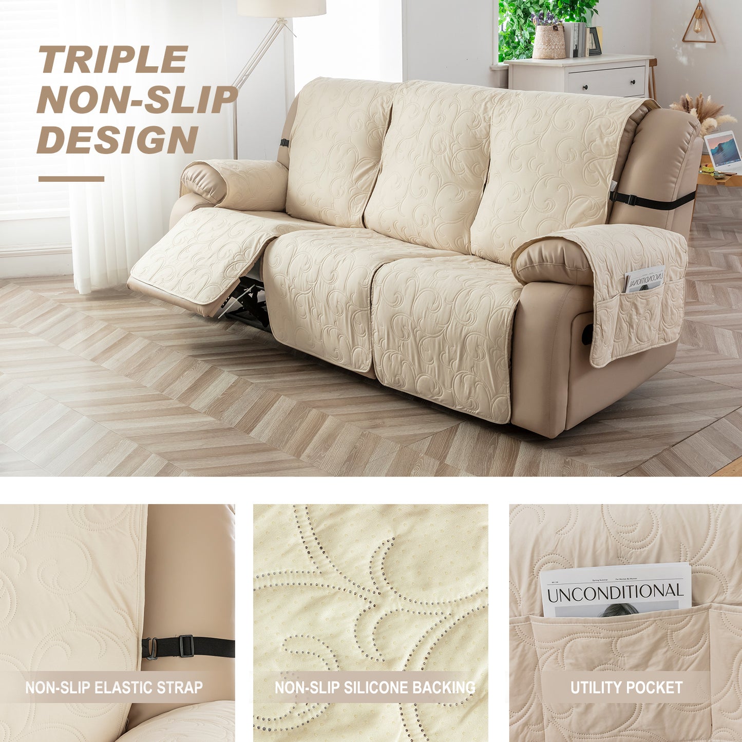Waterproof Recliner Sofa Covers 3 Seater, Non-Slip Reclining Couch Covers for 3 Seat, Reclining Sofa Covers for Living Room, for Pets Kids Protector, Washable (Beige)