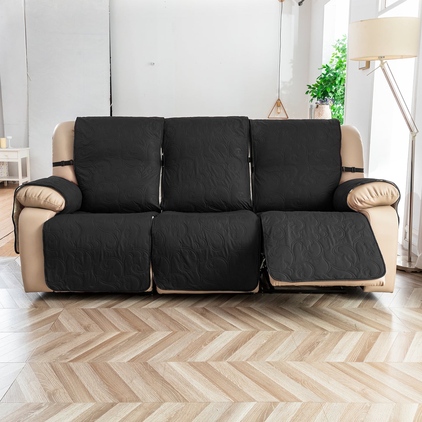 Waterproof Recliner Sofa Covers 3 Seater, Non-Slip Reclining Couch Covers for 3 Seat, Reclining Sofa Covers for Living Room, for Pets Kids Protector, Washable (Black)