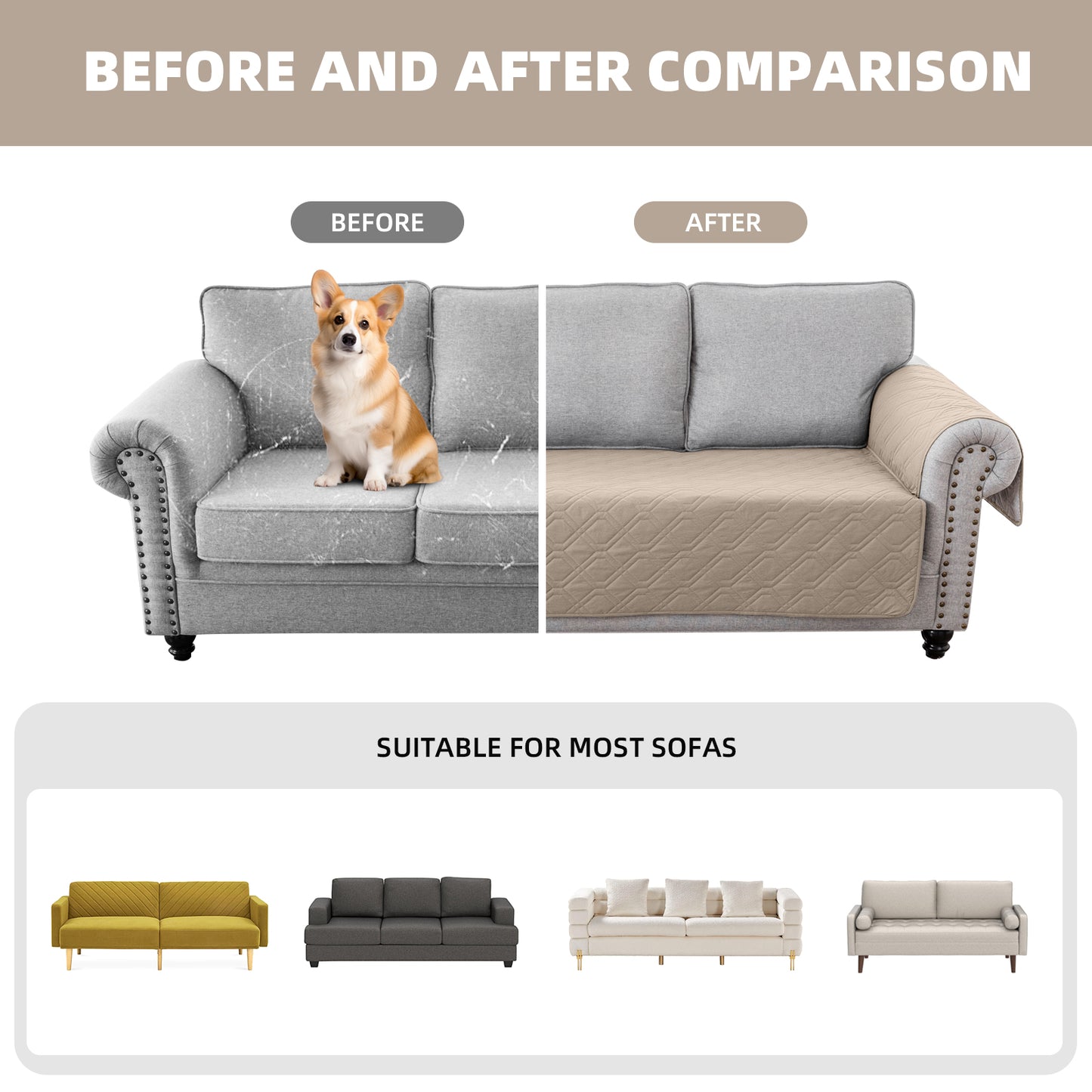 Recliner Sofa Cover Backless  for 1/2/3 Seater with Pocket, Slipcovers Reversible Washable Elastic Adjustable Strap for home,Khaki
