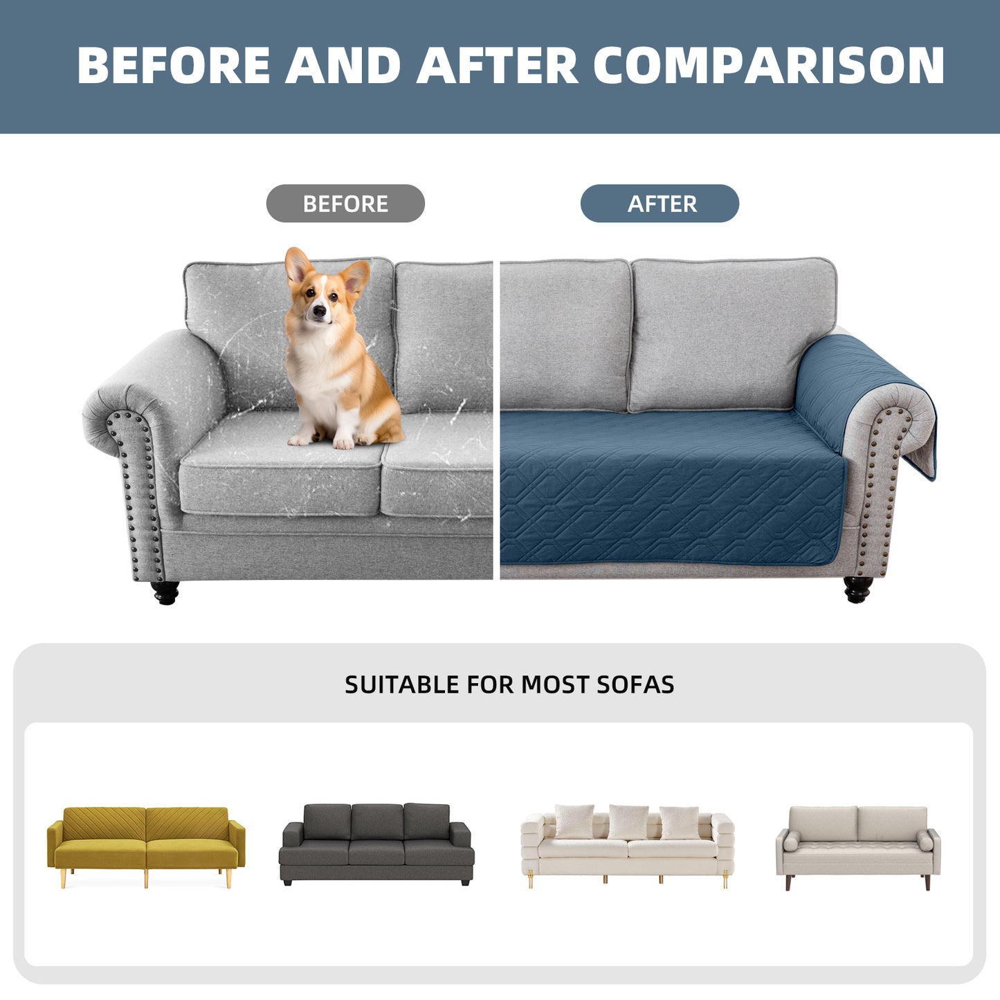 Recliner Sofa Cover Backless  for 1/2/3 Seater with Pocket, Slipcovers Reversible Washable Elastic Adjustable Strap for home,Berlin Blue