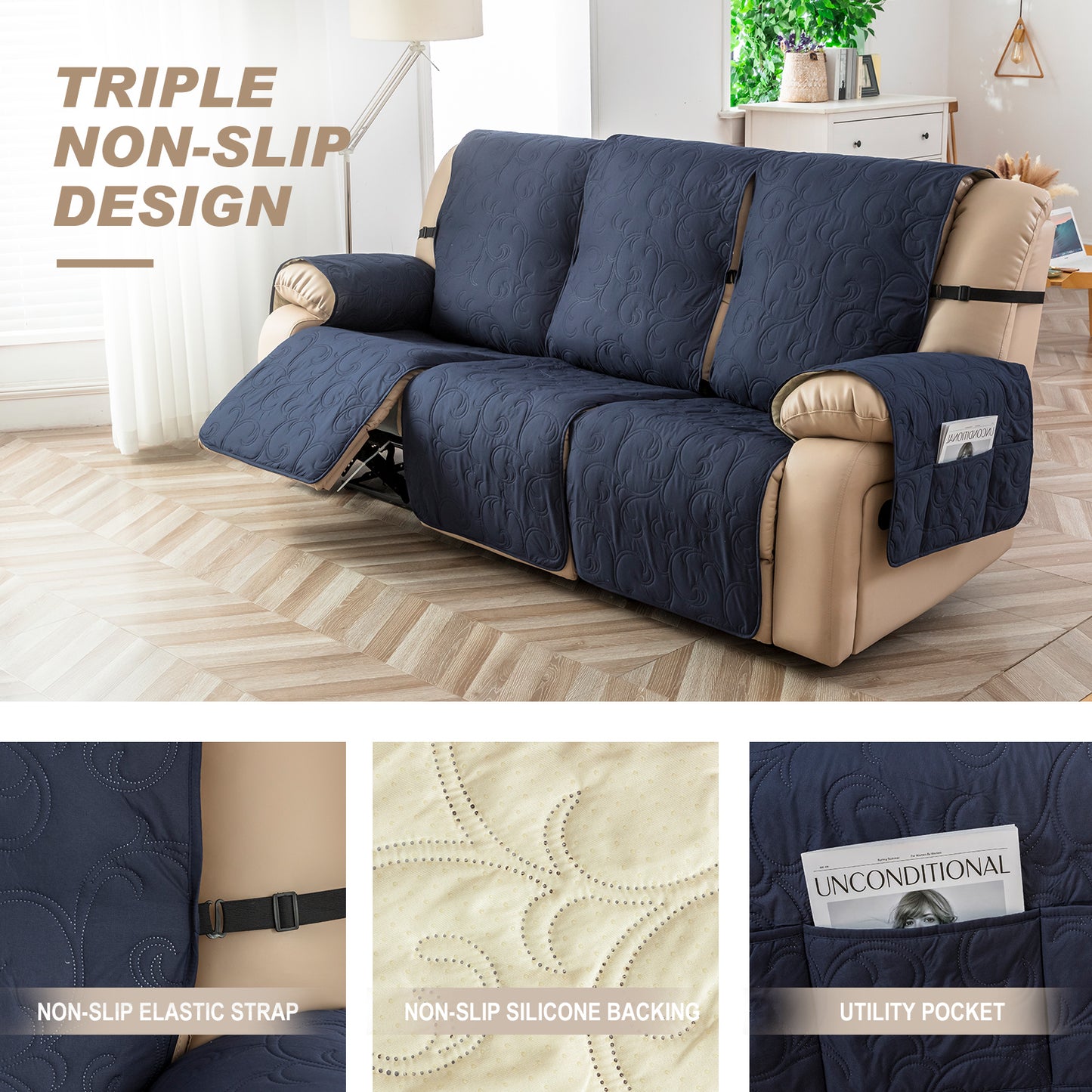 Waterproof Recliner Sofa Covers 3 Seater, Non-Slip Reclining Couch Covers for 3 Seat, Reclining Sofa Covers for Living Room, for Pets Kids Protector, Washable (Navy)