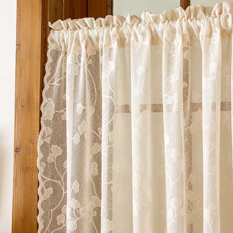 Vintage Lace Curtains Romantic Ginkgo biloba leaves pattern Curtains Panels for Kithchen Living Room French Door, Beige