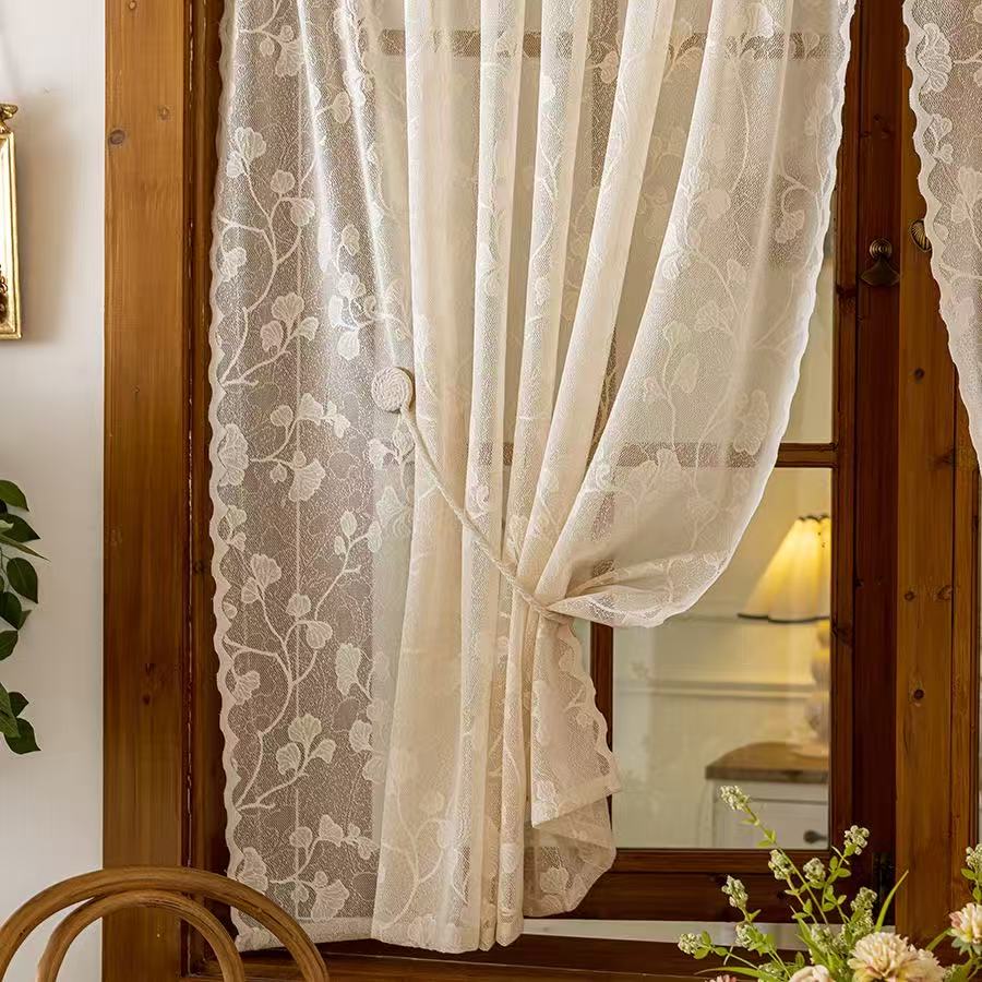 Vintage Lace Curtains Romantic Ginkgo biloba leaves pattern Curtains Panels for Kithchen Living Room French Door, Beige