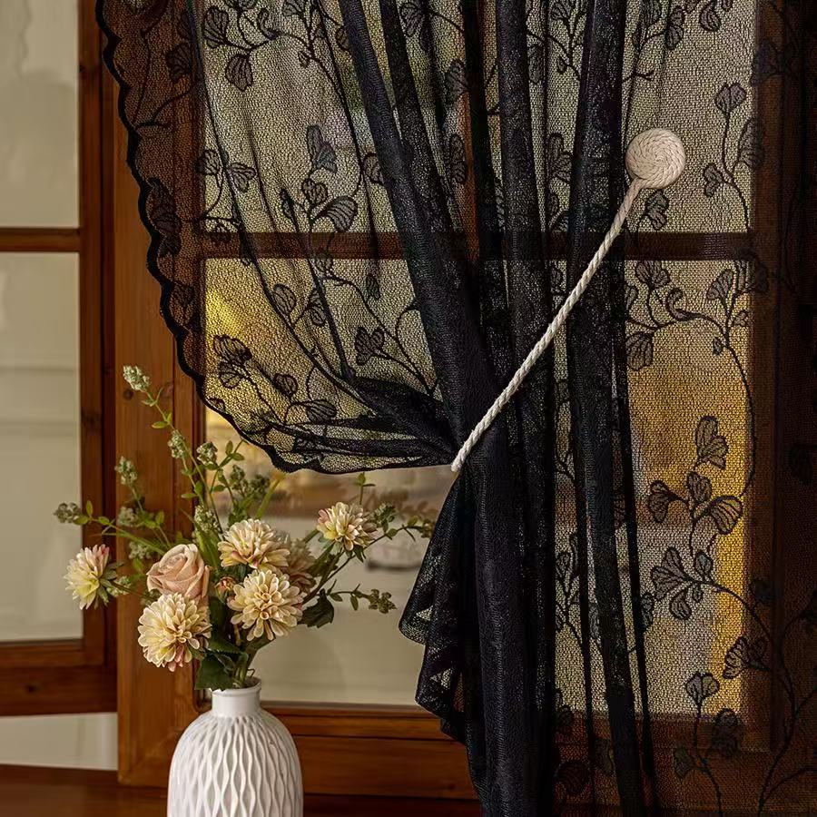 Vintage Lace Curtains Romantic Ginkgo biloba leaves pattern Curtains Panels for Kithchen Living Room French Door, Black