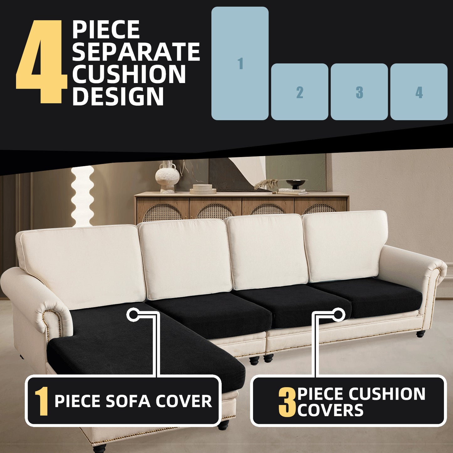 Sectional Couch Covers 4 Pieces Sofa Seat Cushion Covers L Shape Separate Cushion Couch Chaise Cover for Both Left/Right Sectional Couch (Large Sofa 3 Seater + 1 Chaise, Black)