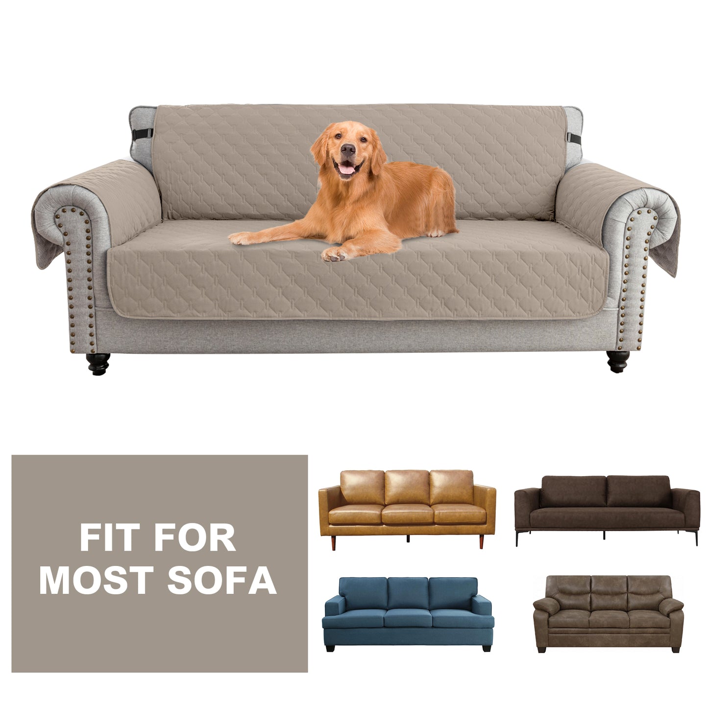 Sofa Slipcover Waterproof Couch Cover Non-Slip Sofa Cover for 1/2/3 Cushion Couch Seamless Whole Piece Fabric Furniture Protector for Pets Kids Children Dog Cat, Khaki