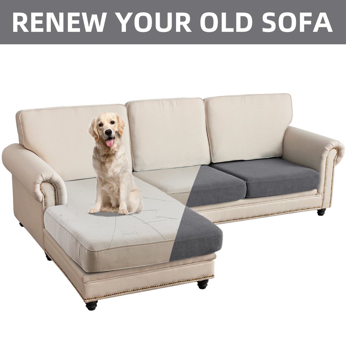 Sectional Couch Covers 3 Pieces Sofa Seat Cushion Covers L Shape Separate Cushion Couch Chaise Cover for Both Left/Right Sectional Couch (Large Sofa 2 Seater + 1 Chaise, Grey)