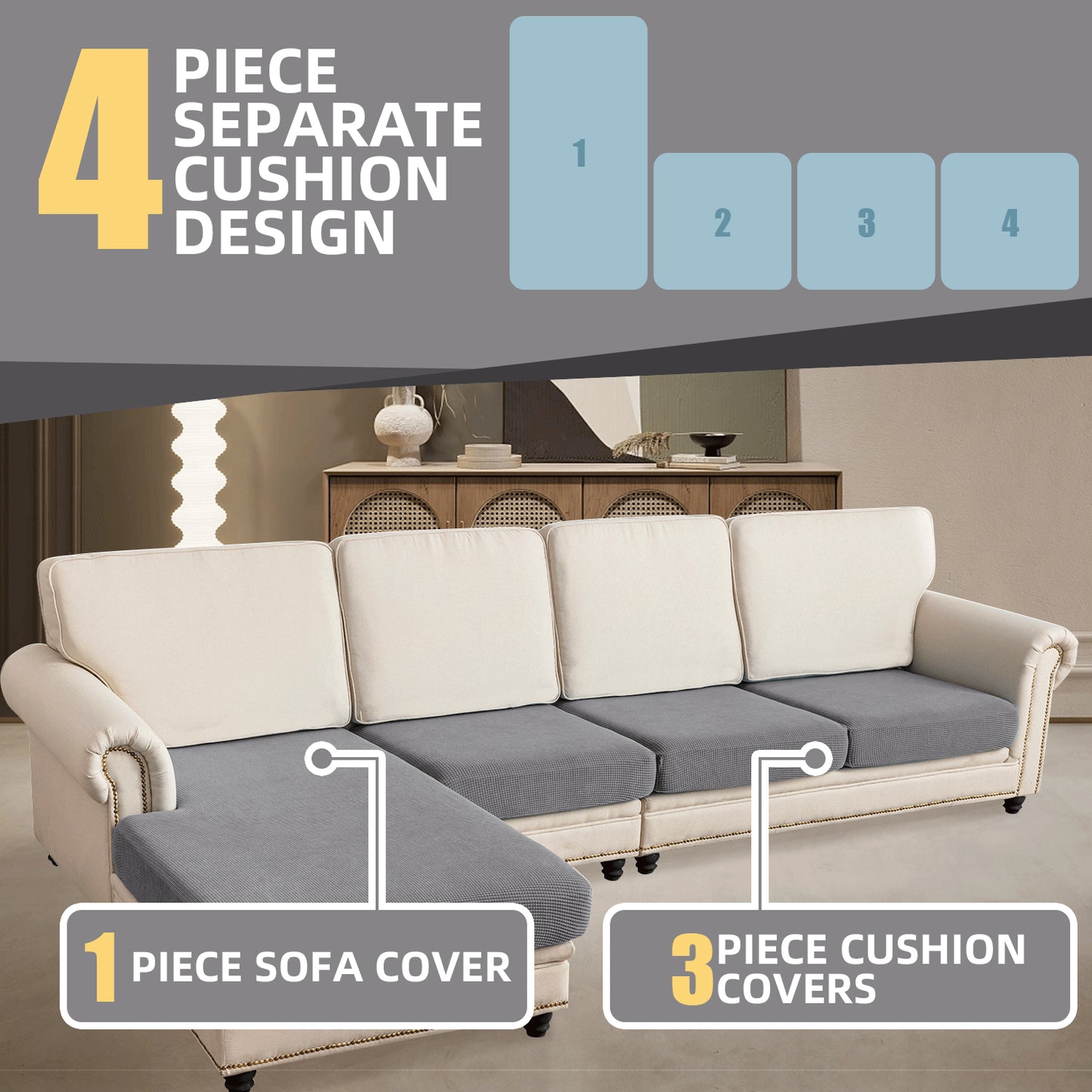 Sectional Couch Covers 4 Pieces Sofa Seat Cushion Covers L Shape Separate Cushion Couch Chaise Cover for Both Left/Right Sectional Couch (Large Sofa 3 Seater + 1 Chaise, Dove Grey)