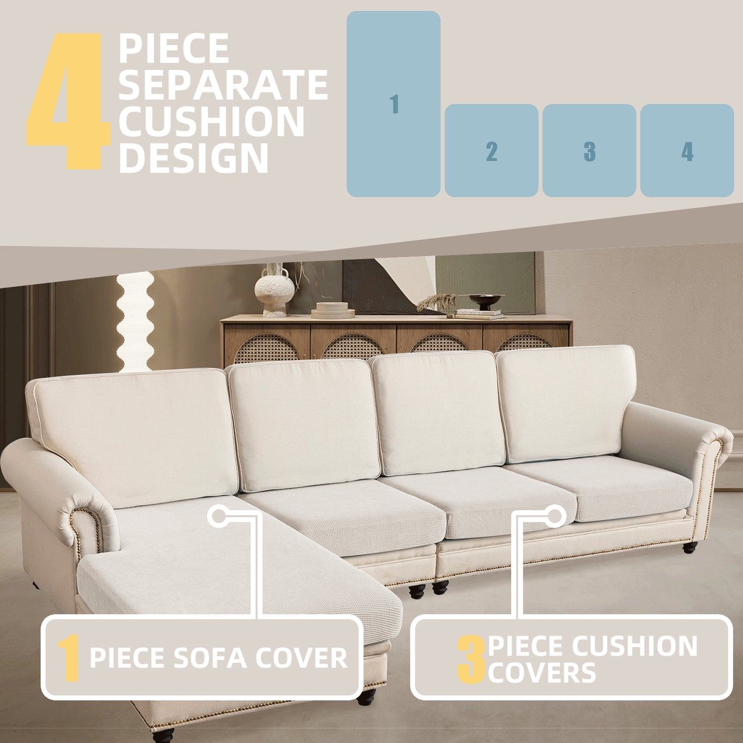 Sectional Couch Covers 4 Pieces Sofa Seat Cushion Covers L Shape Separate Cushion Couch Chaise Cover for Both Left/Right Sectional Couch (Large Sofa 3 Seater + 1 Chaise, Ivory)
