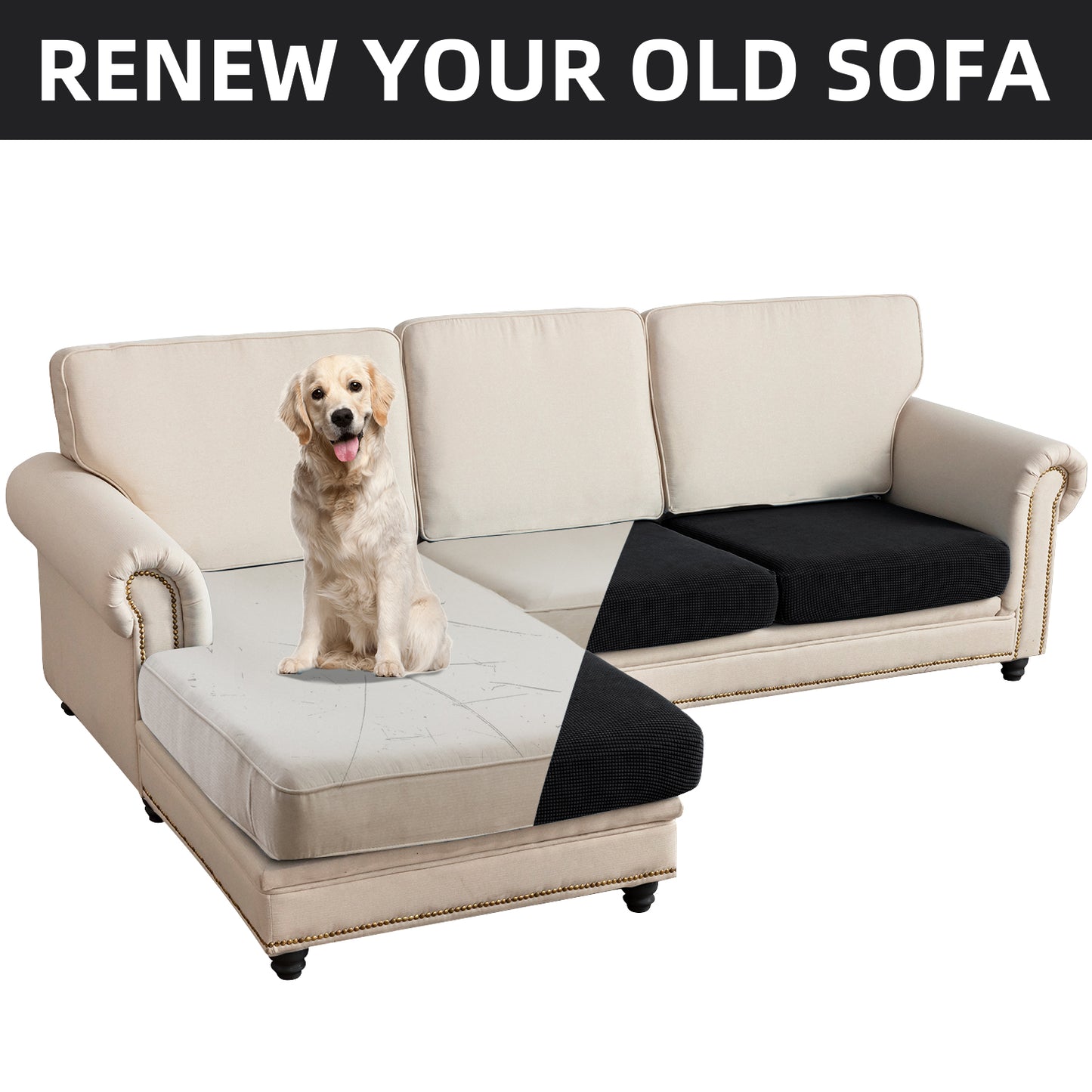 Sectional Couch Covers 3 Pieces Sofa Seat Cushion Covers L Shape Separate Cushion Couch Chaise Cover for Both Left/Right Sectional Couch (Large Sofa 2 Seater + 1 Chaise, Black)