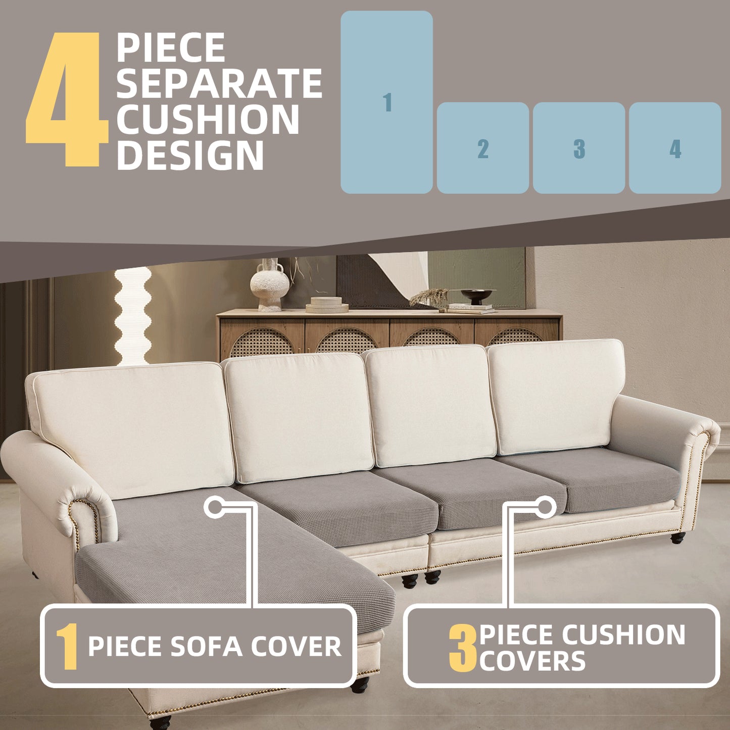 Sectional Couch Covers 4 Pieces Sofa Seat Cushion Covers L Shape Separate Cushion Couch Chaise Cover for Both Left/Right Sectional Couch (Large Sofa 3 Seater + 1 Chaise, Taupe)