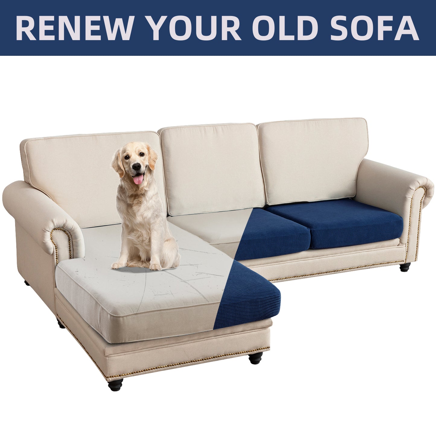 Sectional Couch Covers 3 Pieces Sofa Seat Cushion Covers L Shape Separate Cushion Couch Chaise Cover for Both Left/Right Sectional Couch (Large Sofa 2 Seater + 1 Chaise, Navy)
