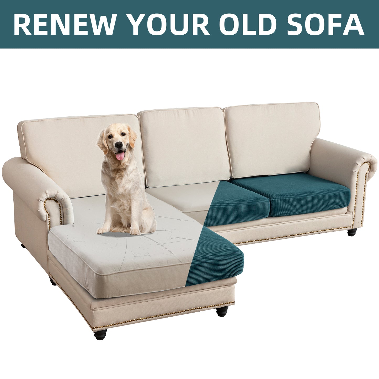 Sectional Couch Covers 3 Pieces Sofa Seat Cushion Covers L Shape Separate Cushion Couch Chaise Cover for Both Left/Right Sectional Couch (Large Sofa 2 Seater + 1 Chaise, Dark Teal)