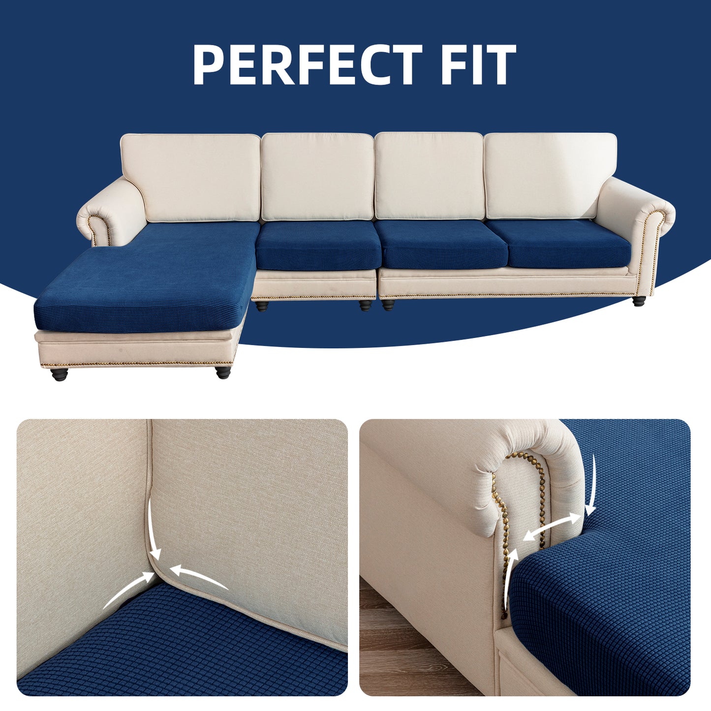 Sectional Couch Covers 4 Pieces Sofa Seat Cushion Covers L Shape Separate Cushion Couch Chaise Cover for Both Left/Right Sectional Couch (Large Sofa 3 Seater + 1 Chaise, Navy)