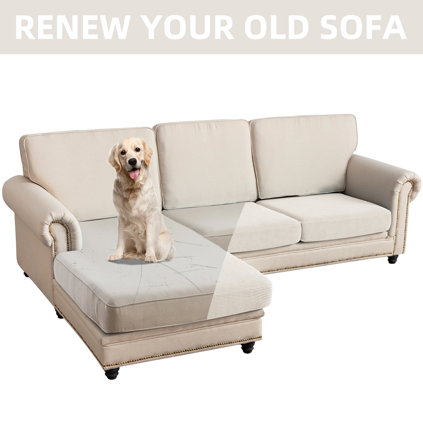 Sectional Couch Covers 3 Pieces Sofa Seat Cushion Covers L Shape Separate Cushion Couch Chaise Cover for Both Left/Right Sectional Couch (Large Sofa 2 Seater + 1 Chaise, Ivory)