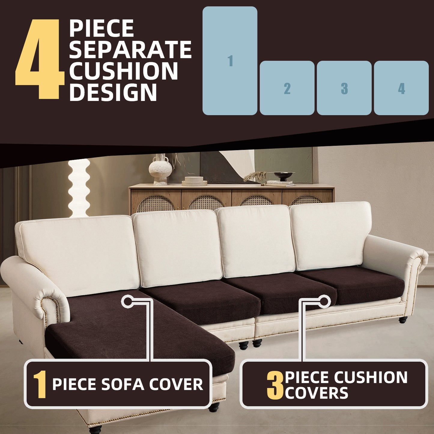 Sectional Couch Covers 4 Pieces Sofa Seat Cushion Covers L Shape Separate Cushion Couch Chaise Cover for Both Left/Right Sectional Couch (Large Sofa 3 Seater + 1 Chaise, Brown)
