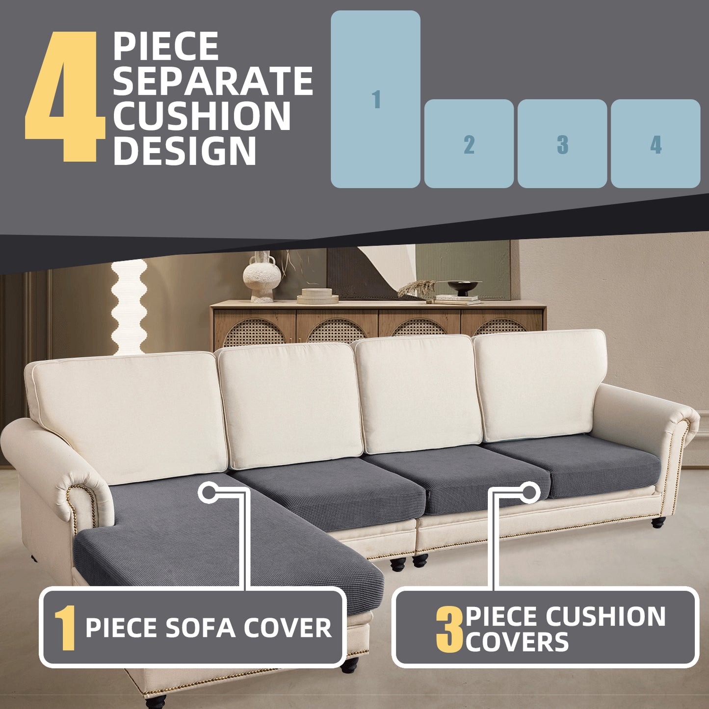 Sectional Couch Covers 4 Pieces Sofa Seat Cushion Covers L Shape Separate Cushion Couch Chaise Cover for Both Left/Right Sectional Couch (Large Sofa 3 Seater + 1 Chaise, Grey)