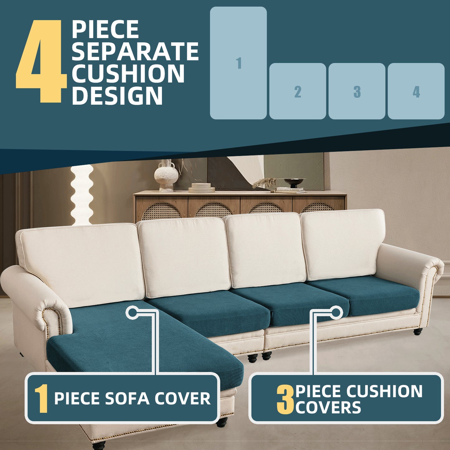 Sectional Couch Covers 4 Pieces Sofa Seat Cushion Covers L Shape Separate Cushion Couch Chaise Cover for Both Left/Right Sectional Couch (Large Sofa 3 Seater + 1 Chaise, Dark Teal)