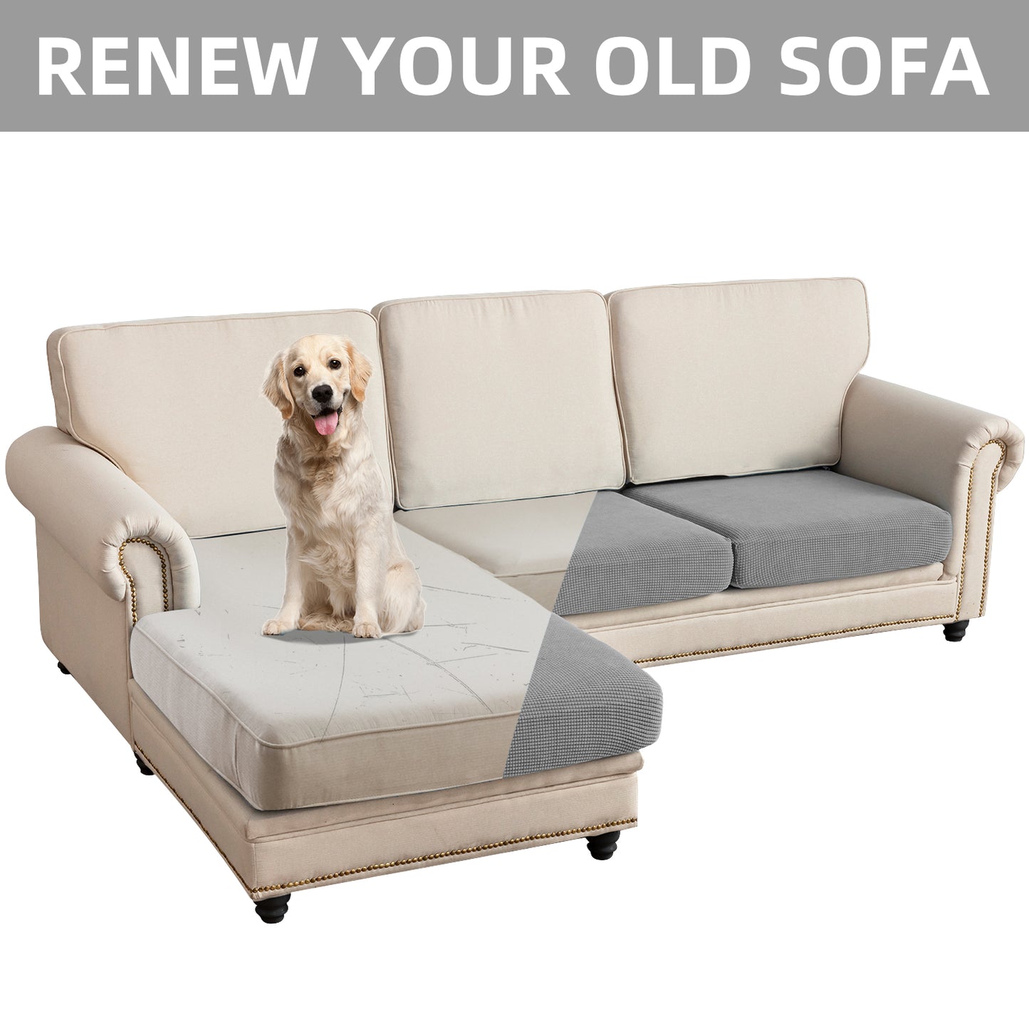 Sectional Couch Covers 3 Pieces Sofa Seat Cushion Covers L Shape Separate Cushion Couch Chaise Cover for Both Left/Right Sectional Couch (Large Sofa 2 Seater + 1 Chaise, Dove Grey)