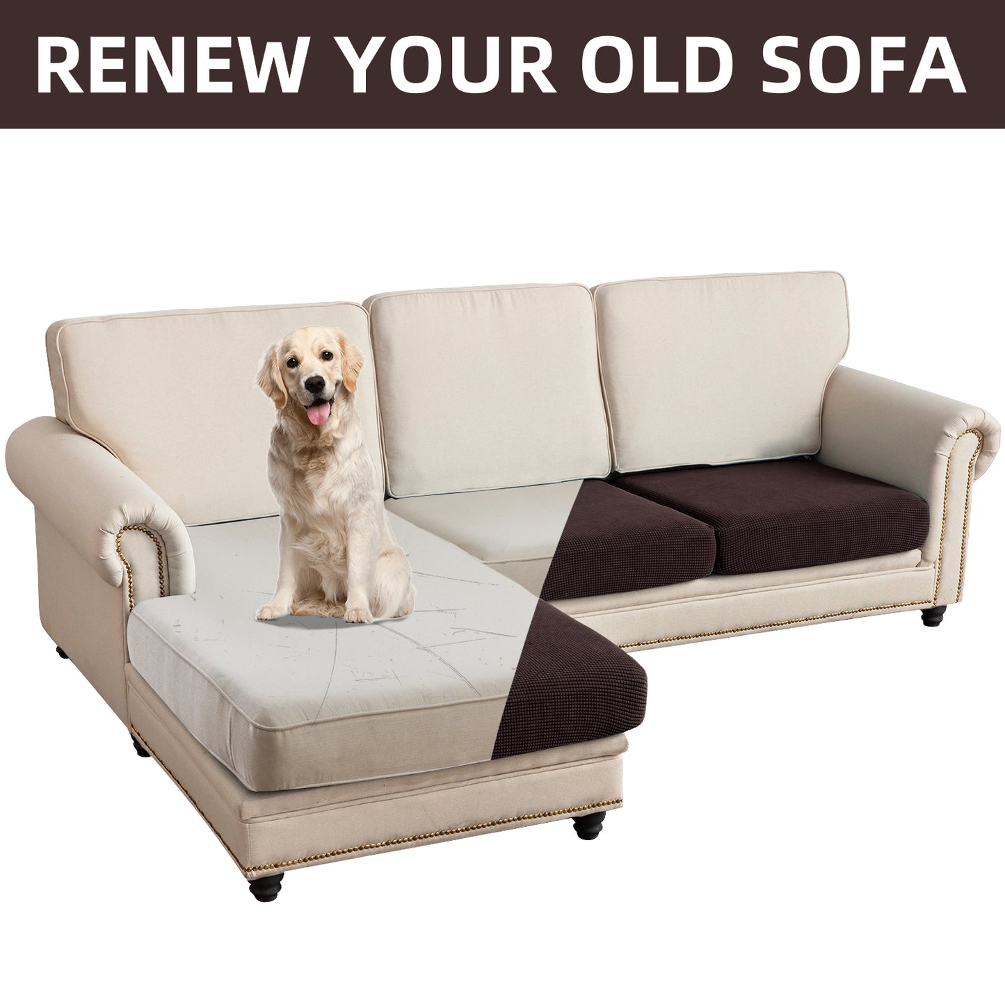 Sectional Couch Covers 3 Pieces Sofa Seat Cushion Covers L Shape Separate Cushion Couch Chaise Cover for Both Left/Right Sectional Couch (Large Sofa 2 Seater + 1 Chaise, Brown)