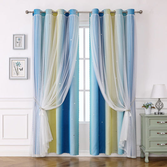 2 Panels Curtains for Kids Girls Bedroom Aesthetic Living Room Decor Colorful Double Layer, Star Cut Out Stripe Rainbow Window ,Blue/Yellow