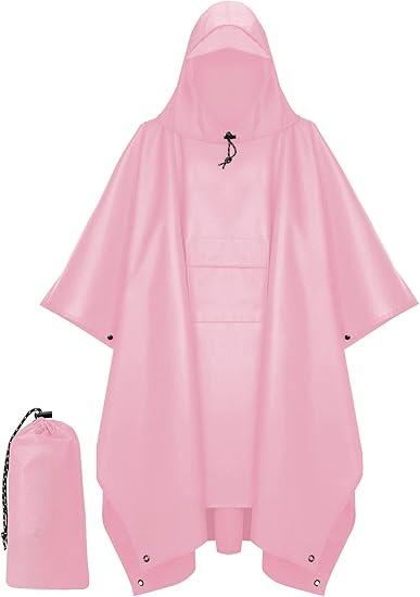 Hooded Rain Poncho for Adult with Pocket, Waterproof Lightweight Unisex Raincoat for Hiking Camping Emergency ,Pink