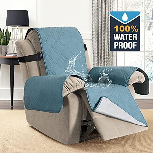 100% Waterproof ,Non-Slip Reclining Cover for Recliner Chair Washable Chair Cover Furniture Protector with Elastic Straps for pet ,kid ,Smoke Blue