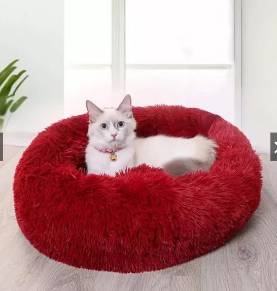 Anti Anxiety Round Fluffy Plush Faux Fur Warm Washable Dog Bed & Cat Bed, Original Bed for Small Medium Large Pets, Red