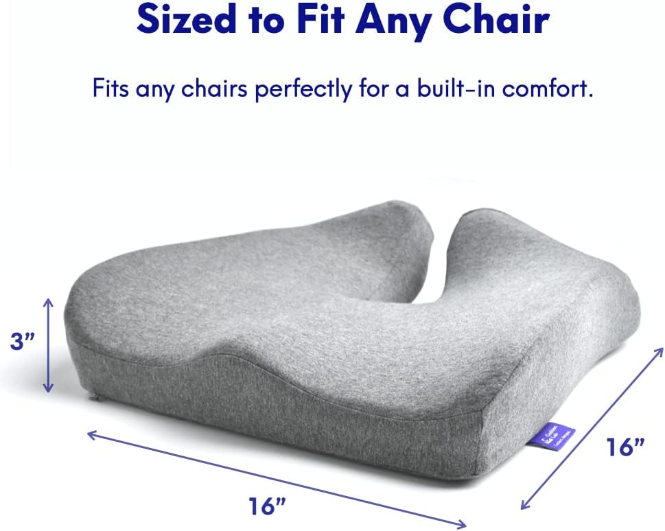 Pressure Relief Seat Cushion for Long Sitting Hours -  Memory Foam for Soft Support. Car & Chair Pad for Hip, Tailbone, Sciatica - Grey