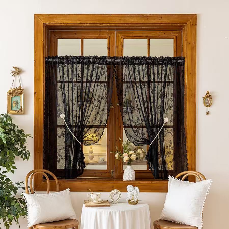 Vintage Lace Curtains Romantic Ginkgo biloba leaves pattern Curtains Panels for Kithchen Living Room French Door, Black