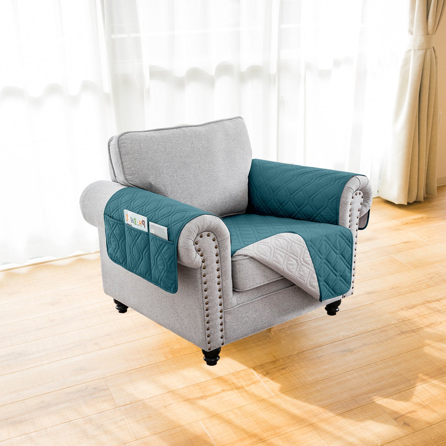 Recliner Sofa Cover Backless  for 1/2/3 Seater with Pocket, Slipcovers Reversible Washable Elastic Adjustable Strap for home,Teal
