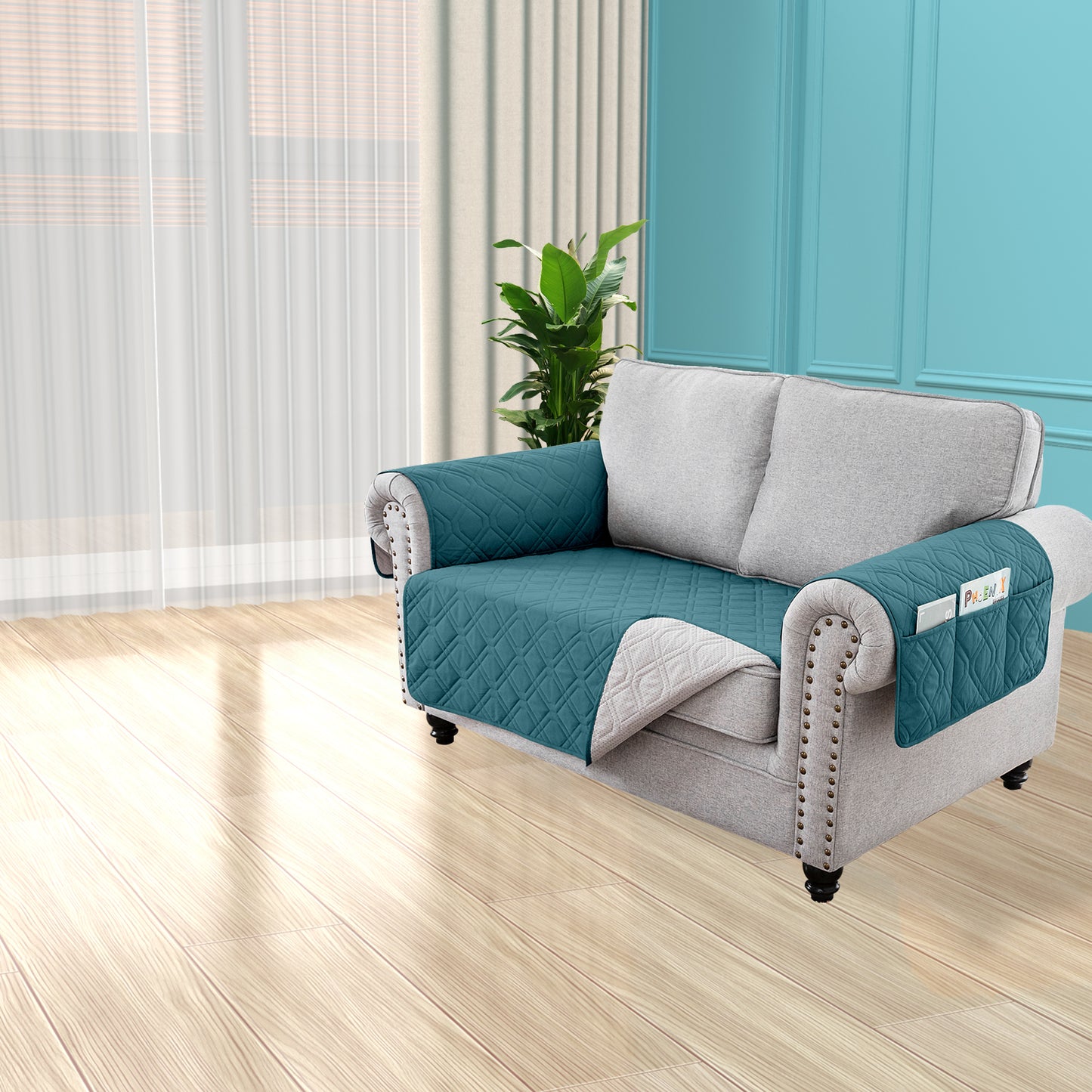 Recliner Sofa Cover Backless  for 1/2/3 Seater with Pocket, Slipcovers Reversible Washable Elastic Adjustable Strap for home,Teal