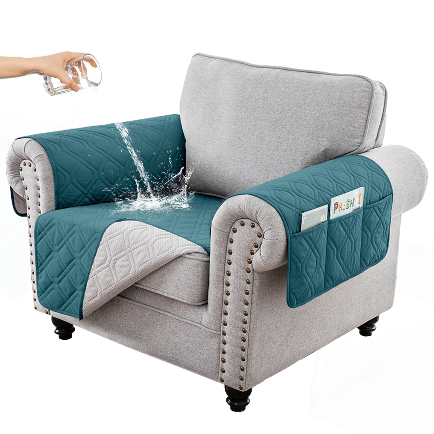 Recliner Sofa Cover Backless  for 1/2/3 Seater with Pocket, Slipcovers Reversible Washable Elastic Adjustable Strap for home,Teal