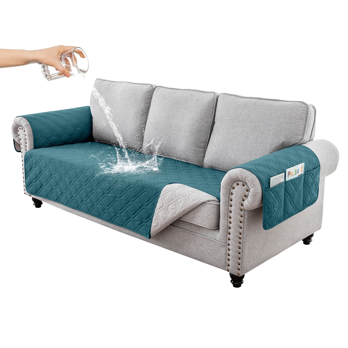 Recliner Sofa Cover Backless  for 1/2/3 Seater with Pocket, Slipcovers Reversible Washable Elastic Adjustable Strap for home,Teal