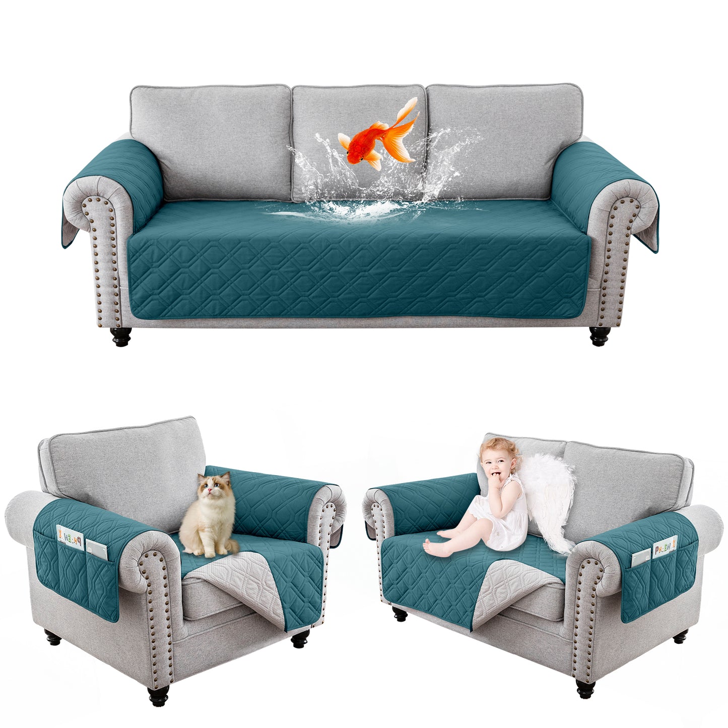 Recliner Sofa Cover Backless  for 1/2/3 Seater with Pocket, Slipcovers Reversible Washable Elastic Adjustable Strap for home,Teal