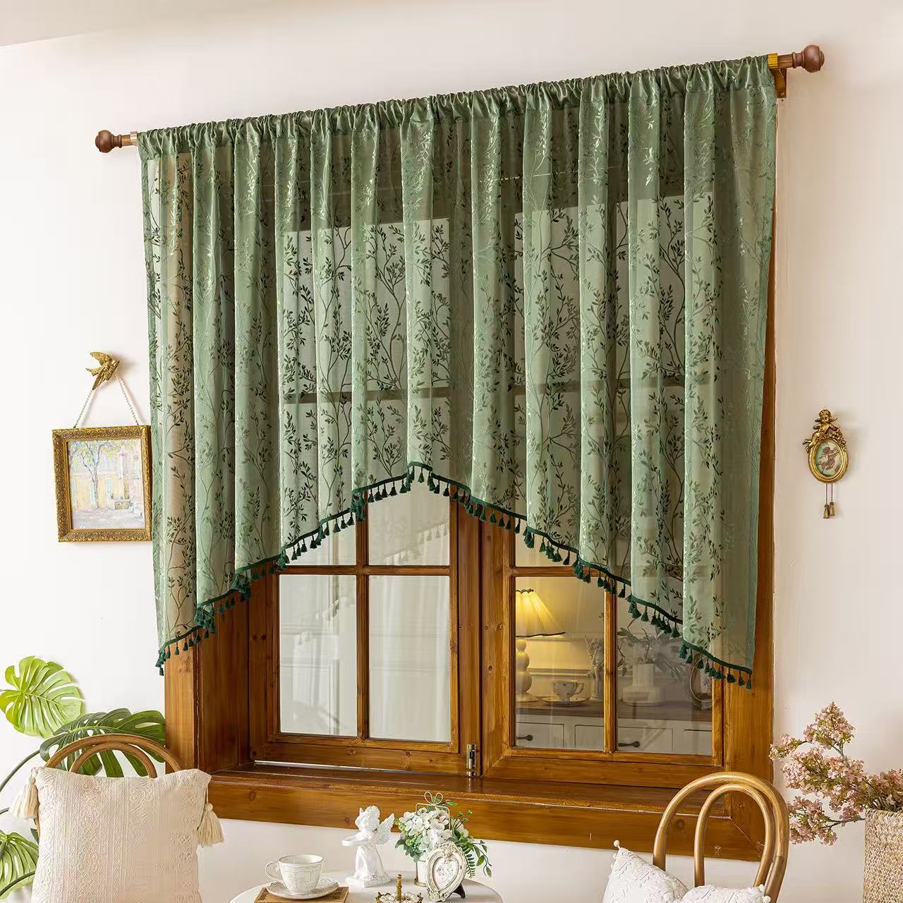 Green Lace Kitchen Curtain Valance Door Panel Rod Pocket Voile Window Treatment Tier for Bathroom Dining Room 1 Panel