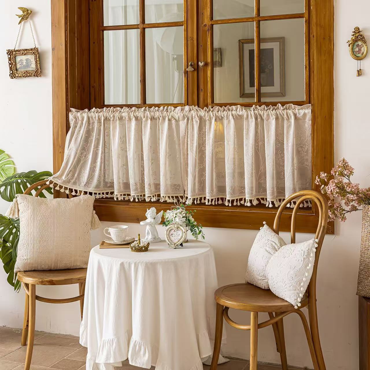 Beige Valances for Windows, Small Window Curtains for Living Room Bathroom Laundry Basement, Modern Rod Pocket Semi Sheer Jacquard Curtains
