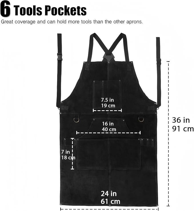 Leather Welding Work Apron with 6 Tool Pockets, Heat & Flame Resistant Welder Aprons, 24" x 36", Adjustable M to XXXL,Black
